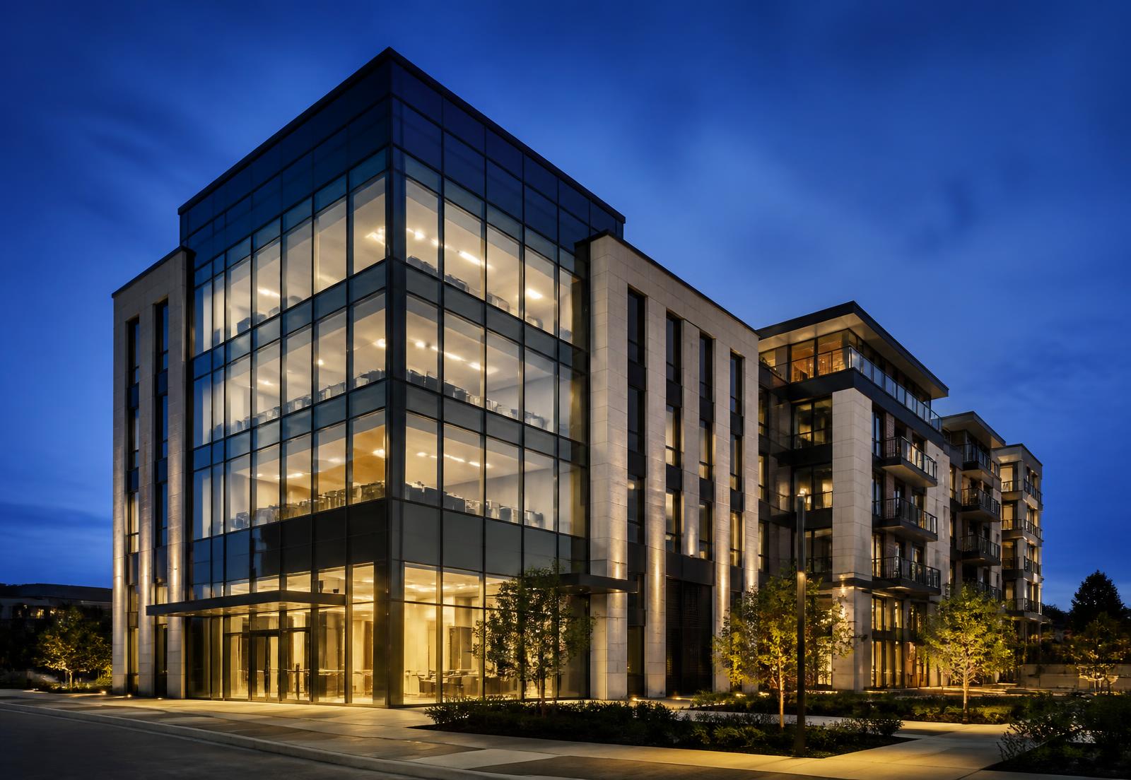 Illuminated modern commercial office and multifamily building at dusk