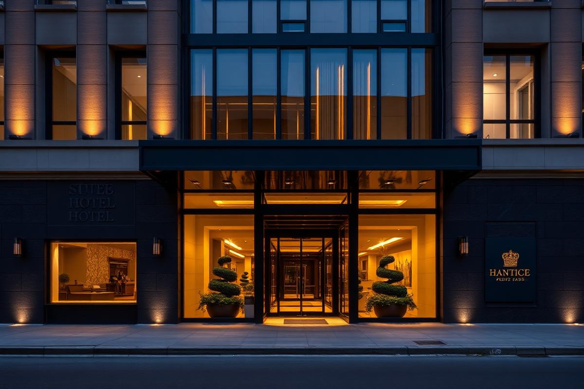 Modern hotel entrance illuminated in the evening