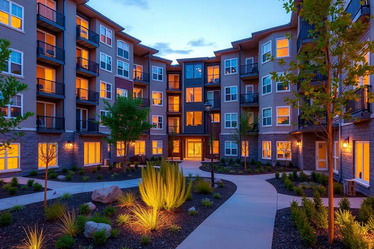 Multifamily apartment community courtyard at dusk